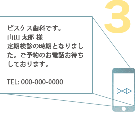 例：ピスケス歯科です。山田 太郎 様定期検診の時期となりました。ご予約のお電話お待ちしております。TEL: 000-000-0000